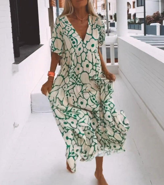 Morris - Groene maxi jurk met korte mouwen