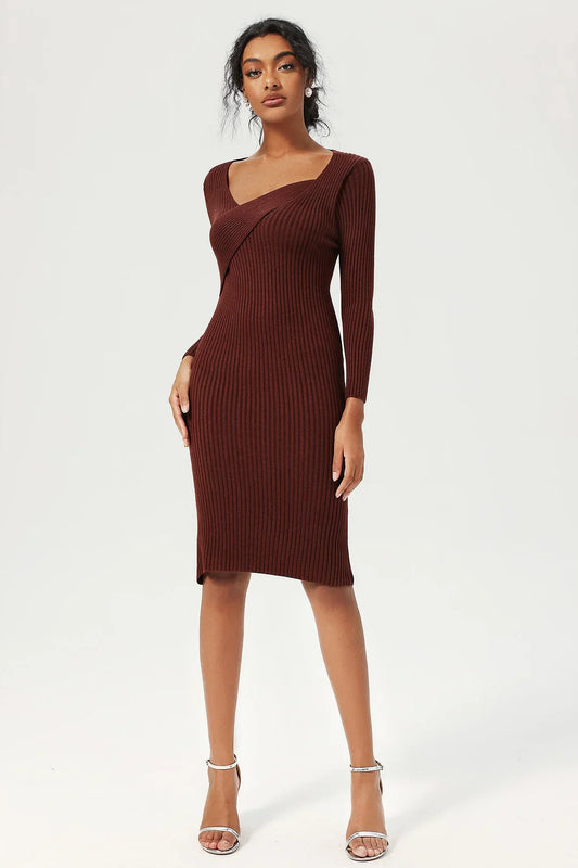 Noura - Gebreide midi-jurk met lange mouwen bruin
