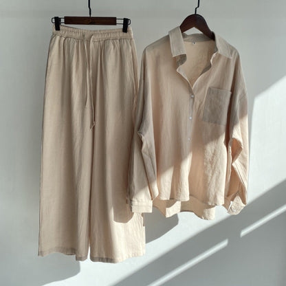 Shirt en broek met hoge taille in katoen en linnen