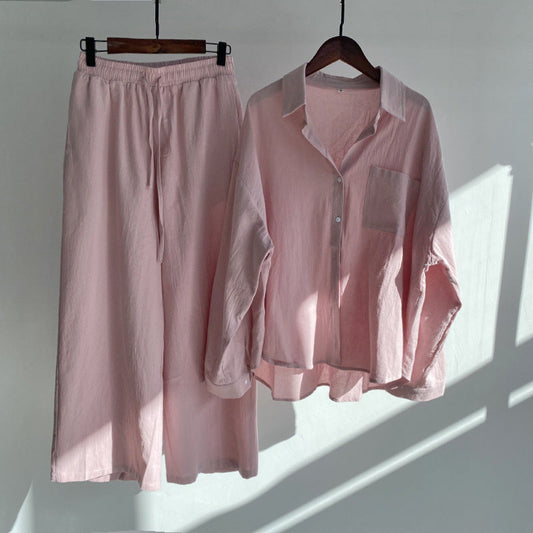 Shirt en broek met hoge taille in katoen en linnen