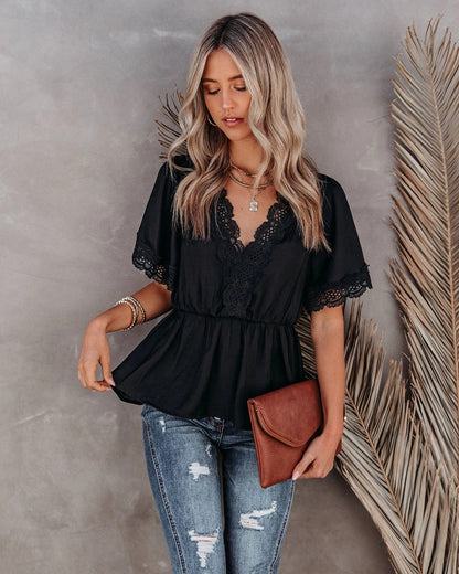 trui met korte mouwen en V-hals kanthemd effen kleur casual top