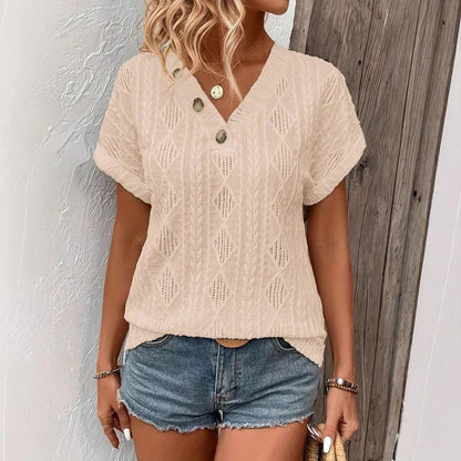 T-shirt met knoopdecoratie en V-hals - Structuurstof & korte mouwen