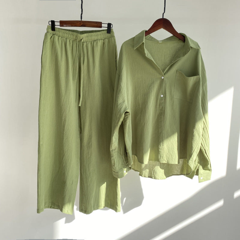 Shirt en broek met hoge taille in katoen en linnen