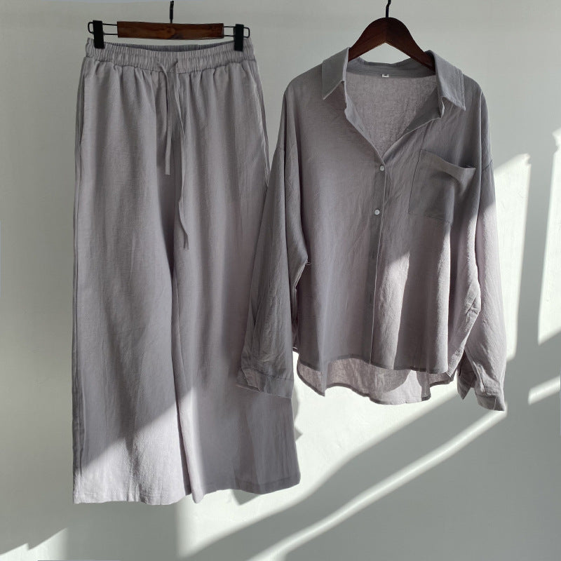 Shirt en broek met hoge taille in katoen en linnen