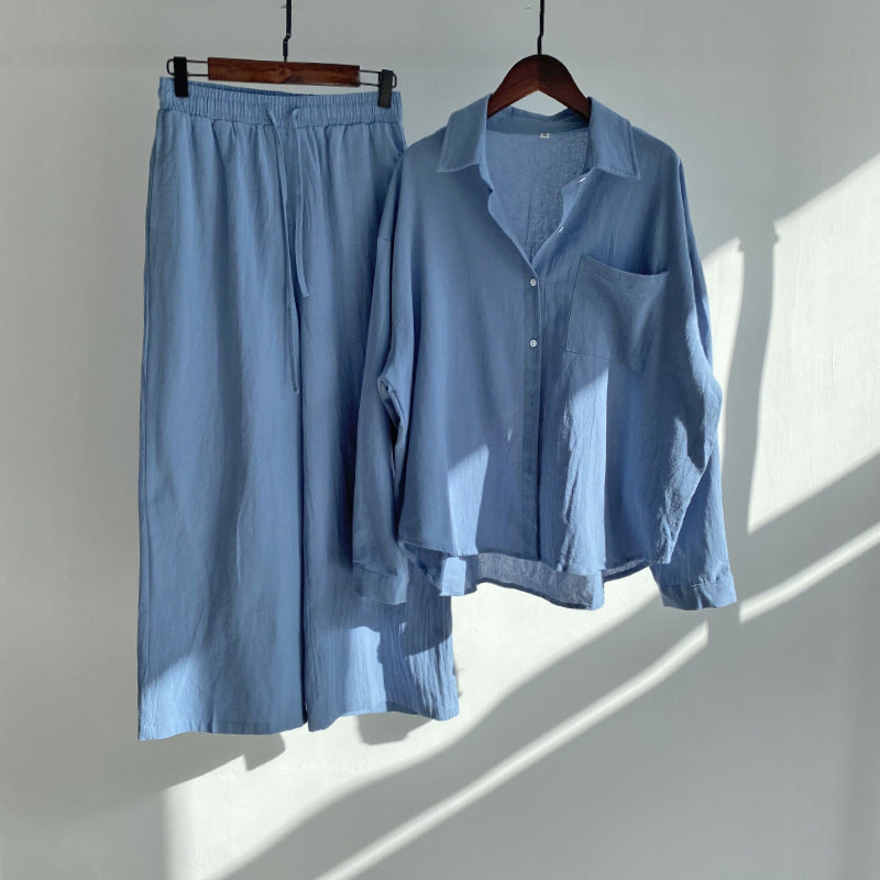Shirt en broek met hoge taille in katoen en linnen