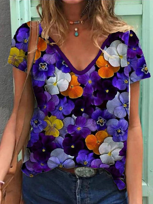 Frances - Bloemen V-hals T-shirt voor dames - Stijlvol & Comfortabel
