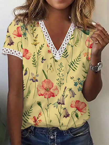 Sherly - Elegant T-shirt met korte mouwen en V-hals print voor dames