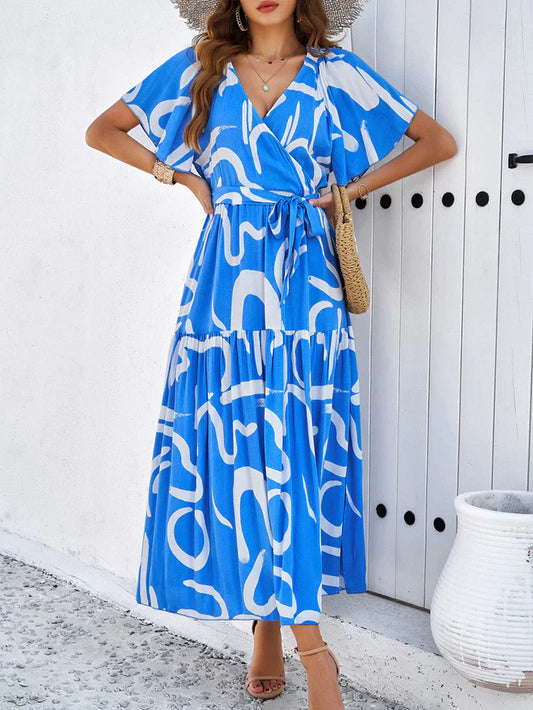 Bohemian jurk met korte mouwen en V-hals