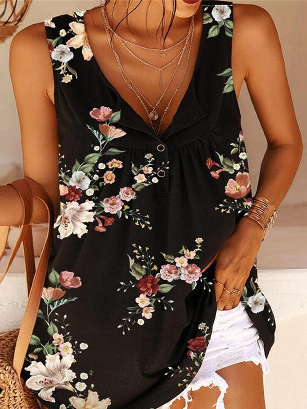 T-shirt met print in V-vorm Twist Button zonder mouwen (tanktop)