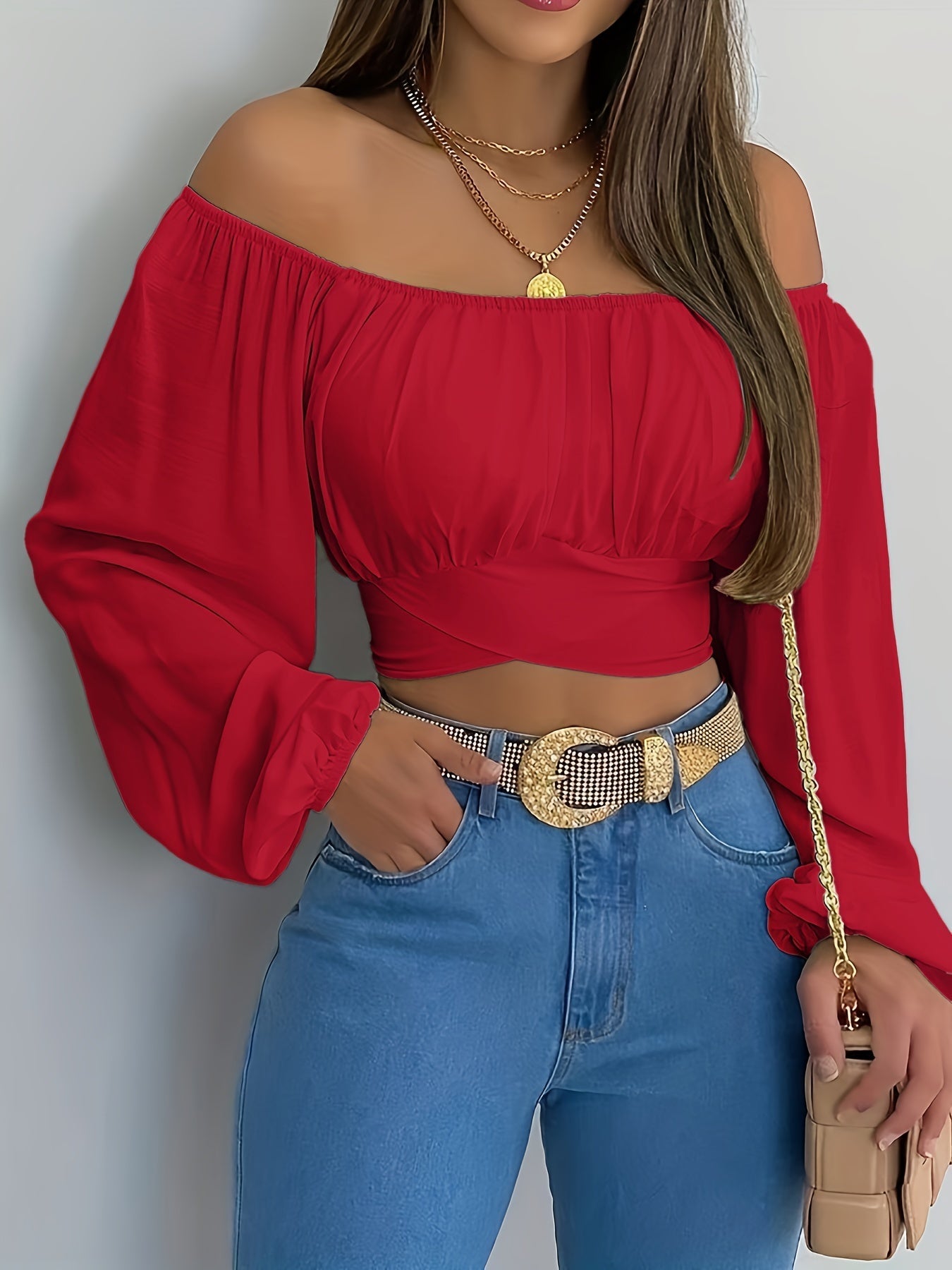 Off-Shoulder Tie Back Crop Blouse - Lange Mouwen en Comfortabele Pasvorm