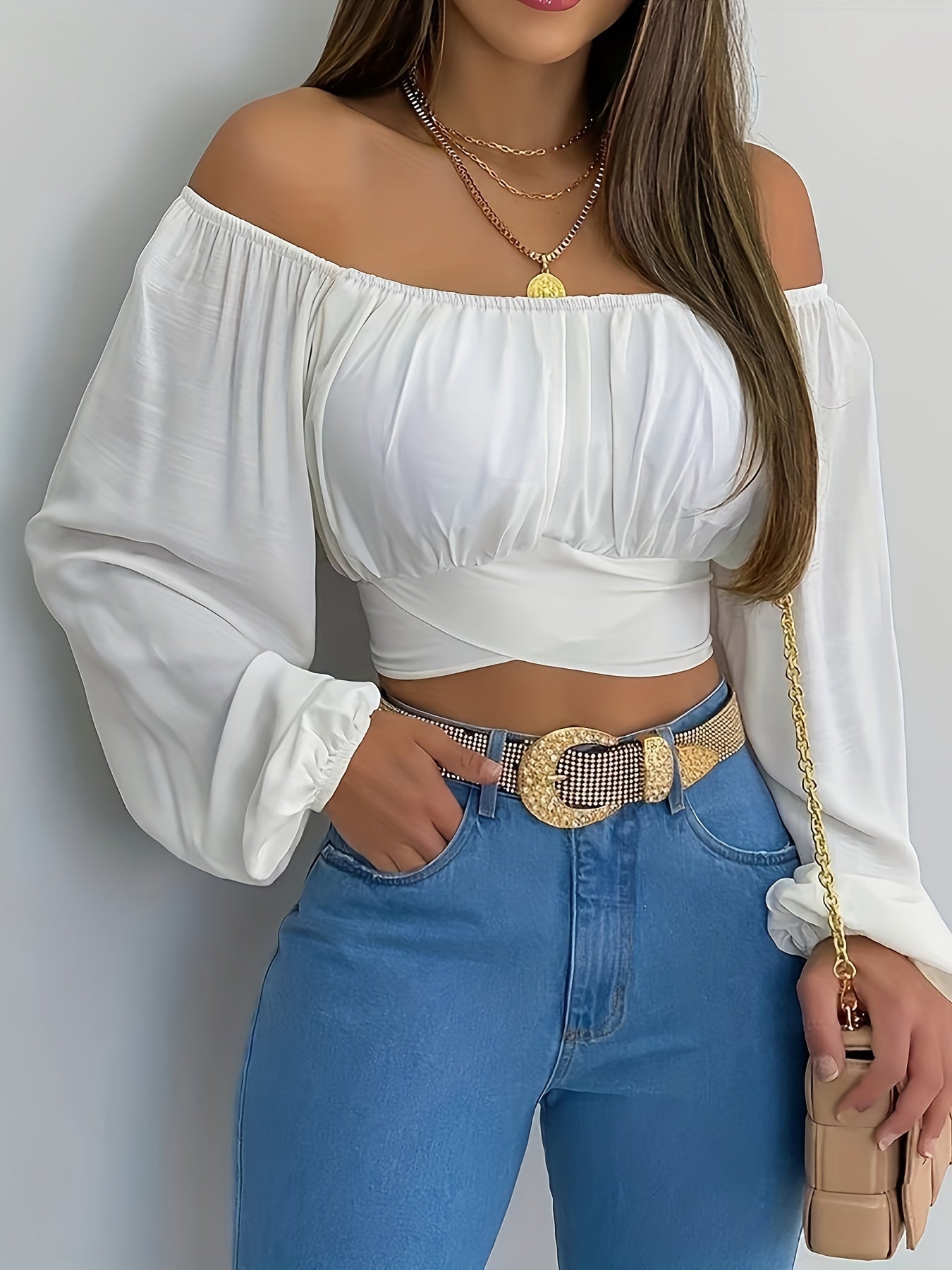 Off-Shoulder Tie Back Crop Blouse - Lange Mouwen en Comfortabele Pasvorm