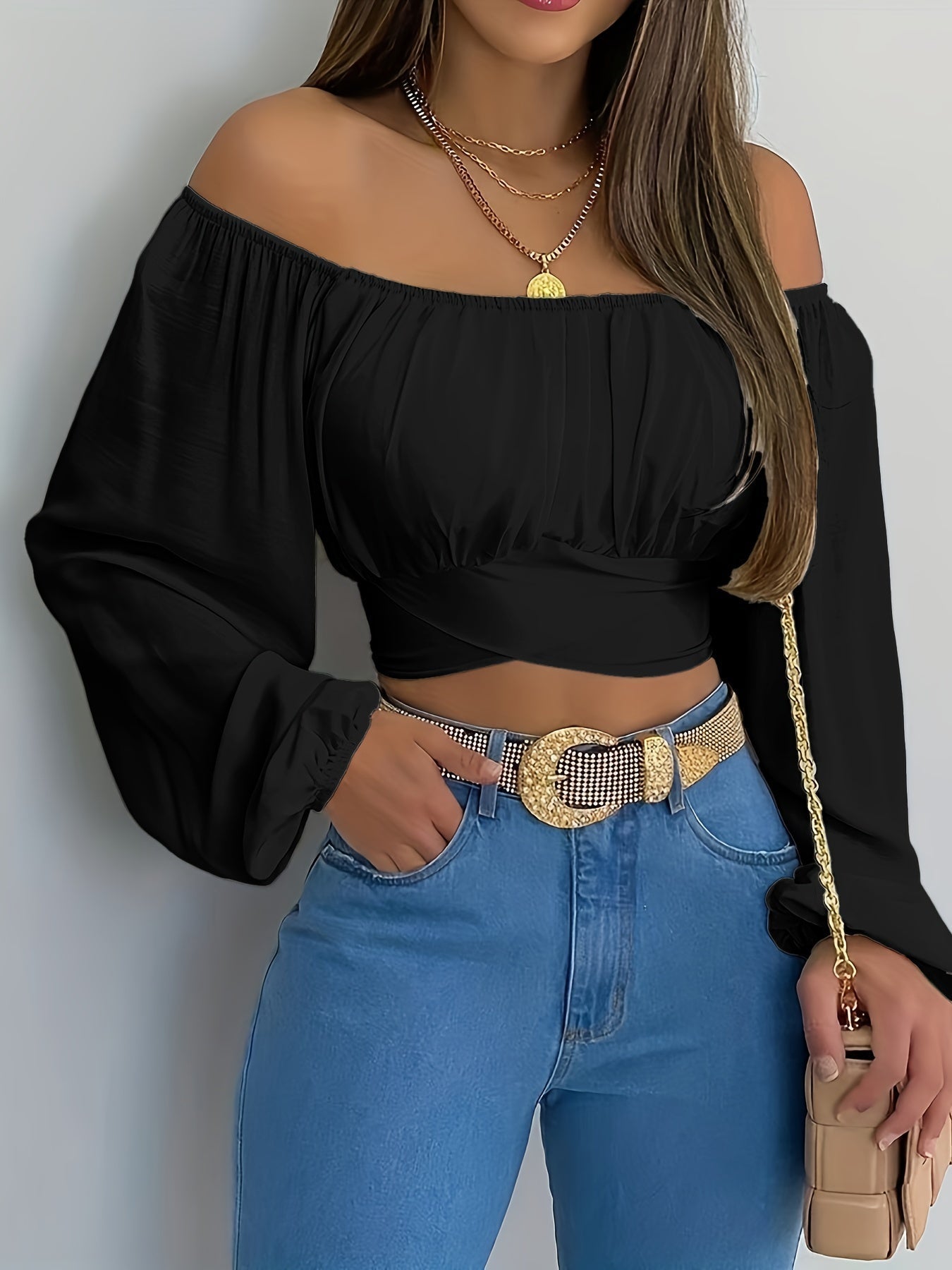 Off-Shoulder Tie Back Crop Blouse - Lange Mouwen en Comfortabele Pasvorm