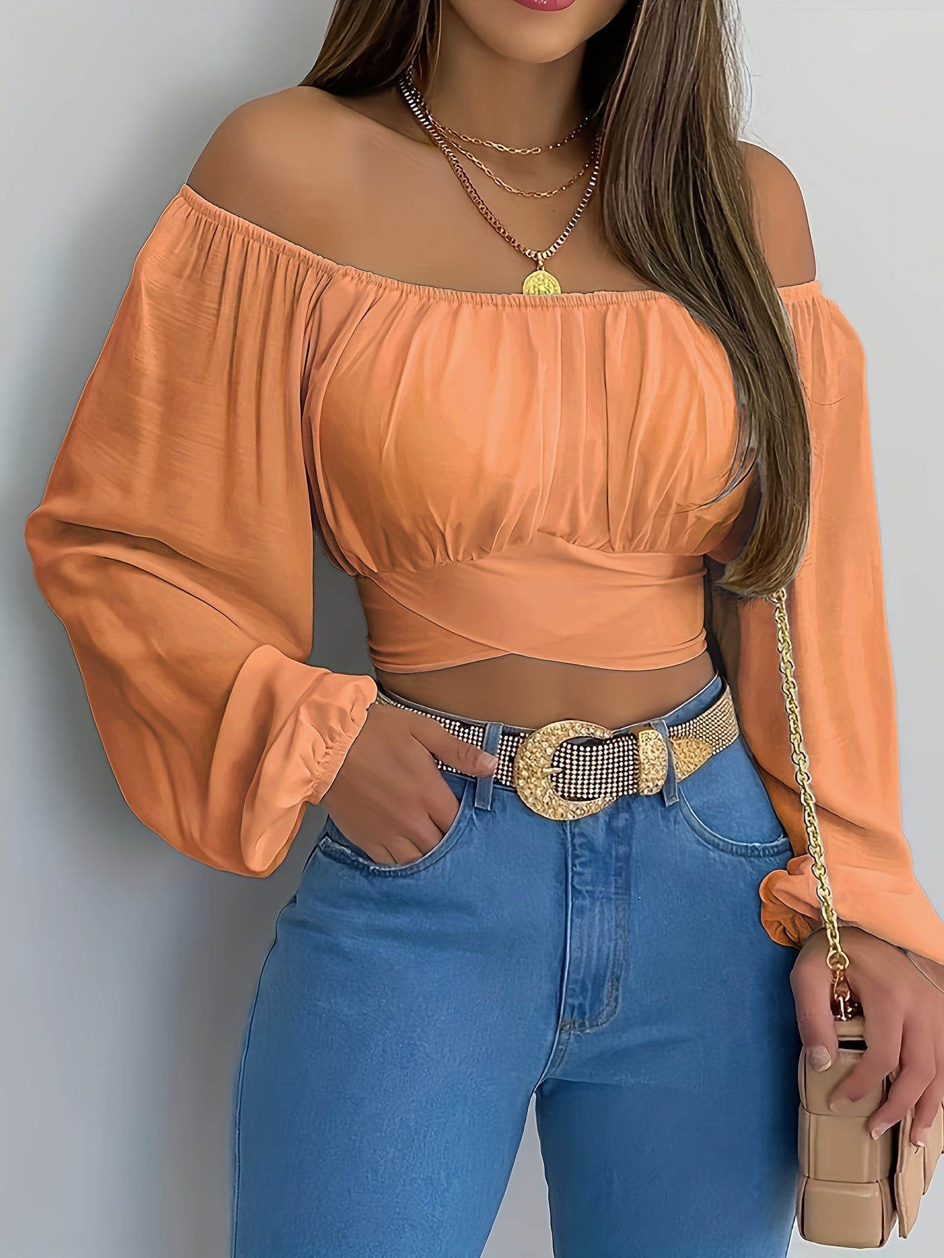 Off-Shoulder Tie Back Crop Blouse - Lange Mouwen en Comfortabele Pasvorm