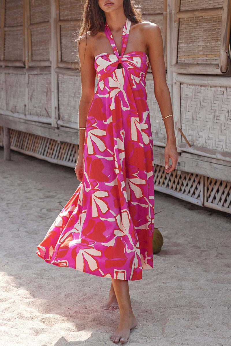 Olive - Boheemse halterjurk met bloemenprint