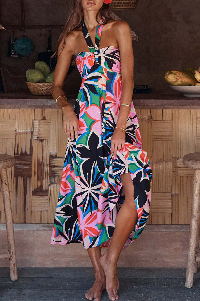 Olive - Boheemse halterjurk met bloemenprint