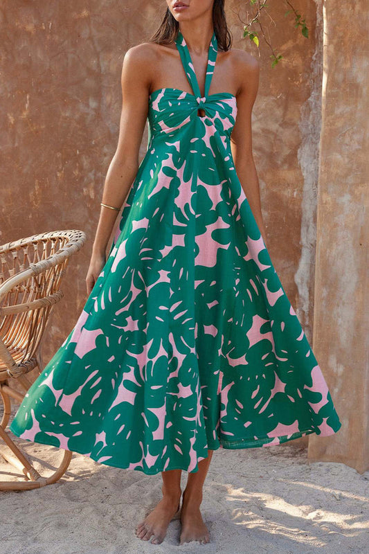 Olive - Boheemse halterjurk met bloemenprint