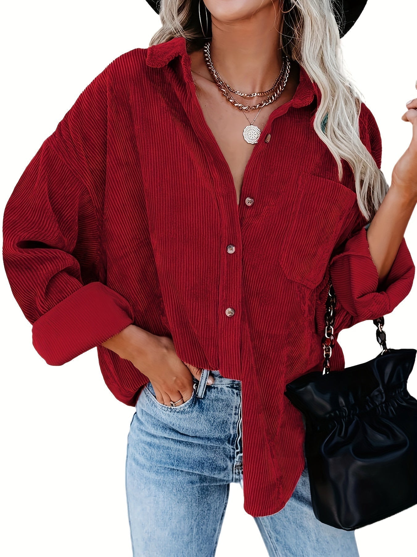 Oversized Corduroy Shirt - Lange Mouwen & Functionele Zakjes