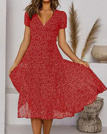 Paloma - V-hals jurk met korte mouwen, bedrukt chiffon