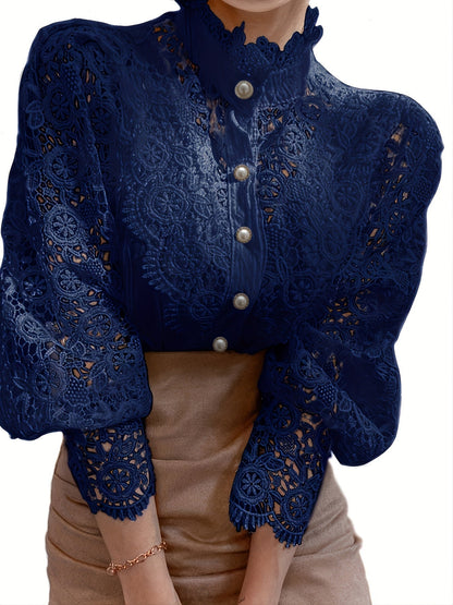 Parelsluiting Kanten Blouse - Kanten Details & Lange Mouwen