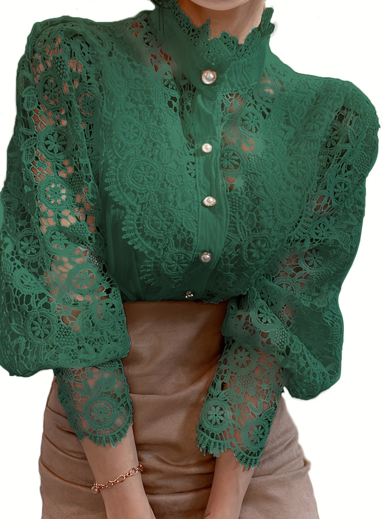 Parelsluiting Kanten Blouse - Kanten Details & Lange Mouwen