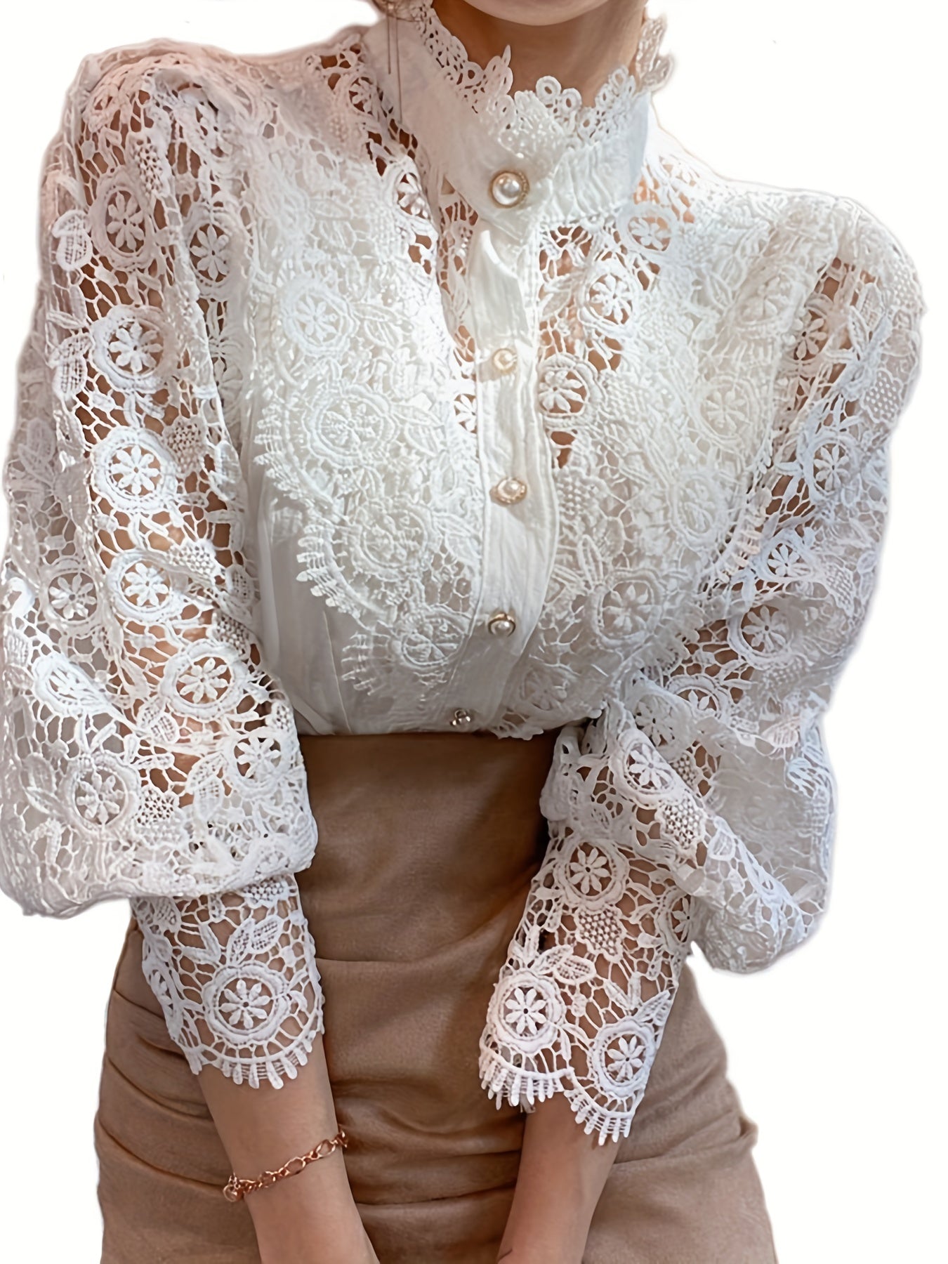 Parelsluiting Kanten Blouse - Kanten Details & Lange Mouwen