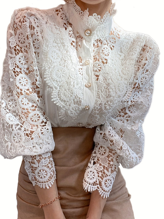 Parelsluiting Kanten Blouse - Kanten Details & Lange Mouwen
