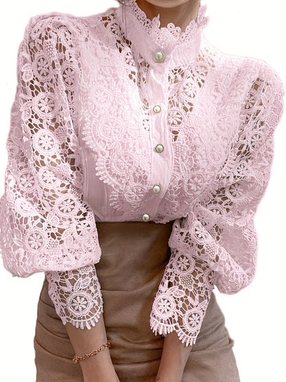 Parelsluiting Kanten Blouse - Kanten Details & Lange Mouwen