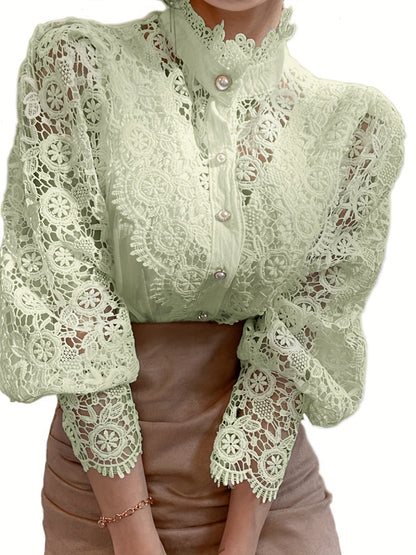 Parelsluiting Kanten Blouse - Kanten Details & Lange Mouwen