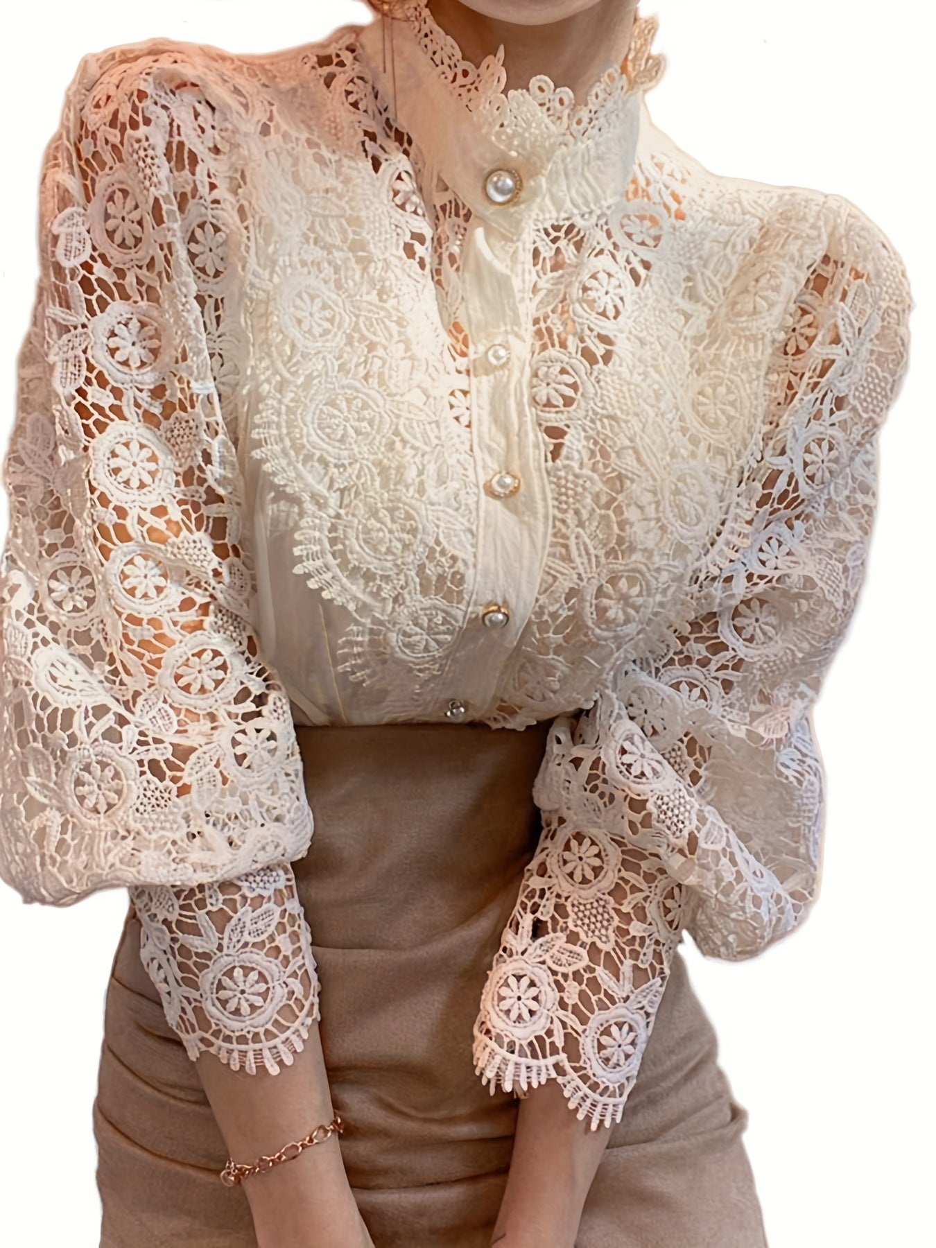 Parelsluiting Kanten Blouse - Kanten Details & Lange Mouwen