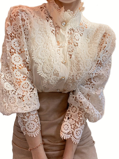 Parelsluiting Kanten Blouse - Kanten Details & Lange Mouwen
