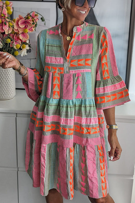 Pham - Linnen Blend Kleurrijke Babydoll Minijurk met Etnische Print en Klokmouwen: