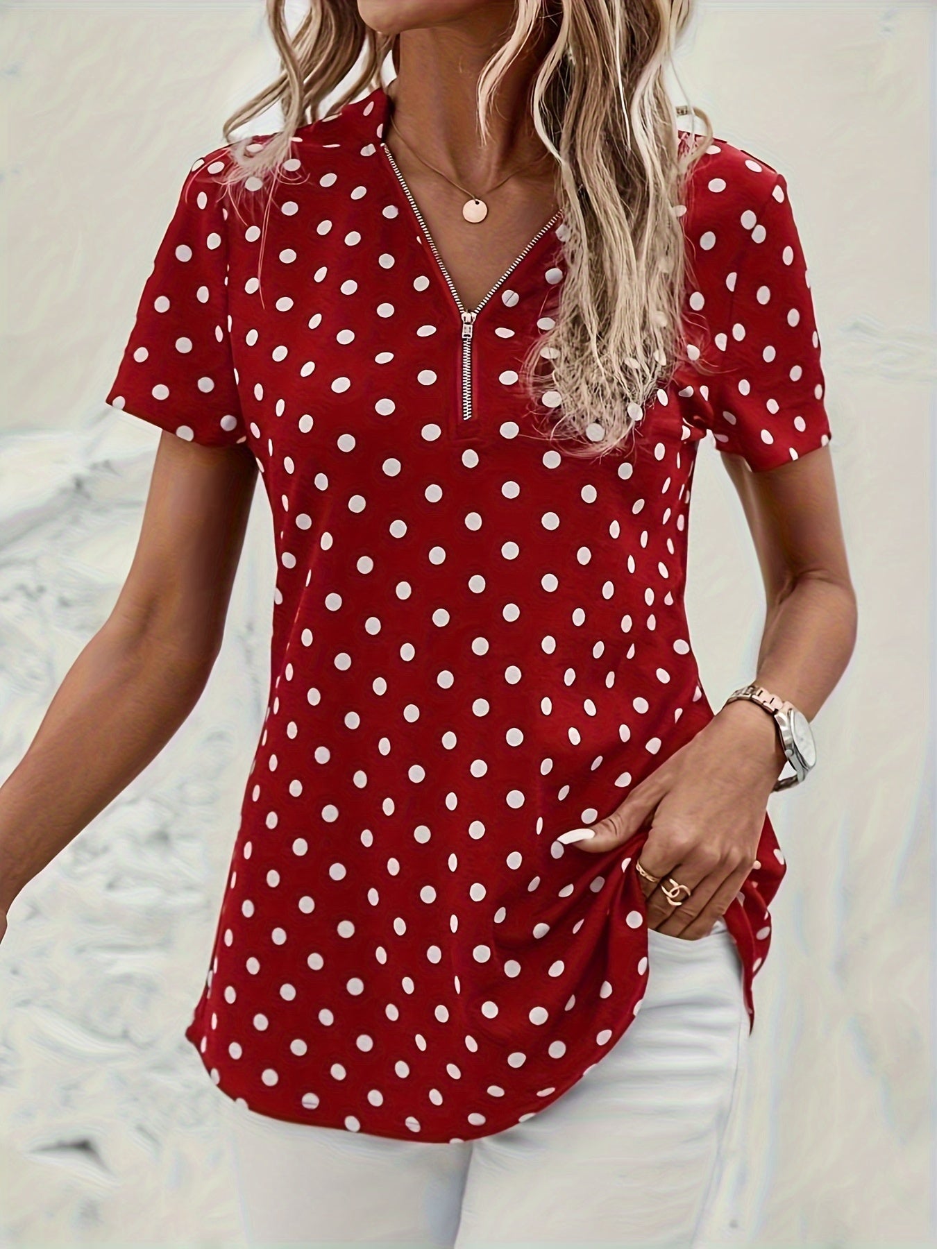Polka Dot V-Hals Blouse - Rits Voorzijde & Korte Mouwen