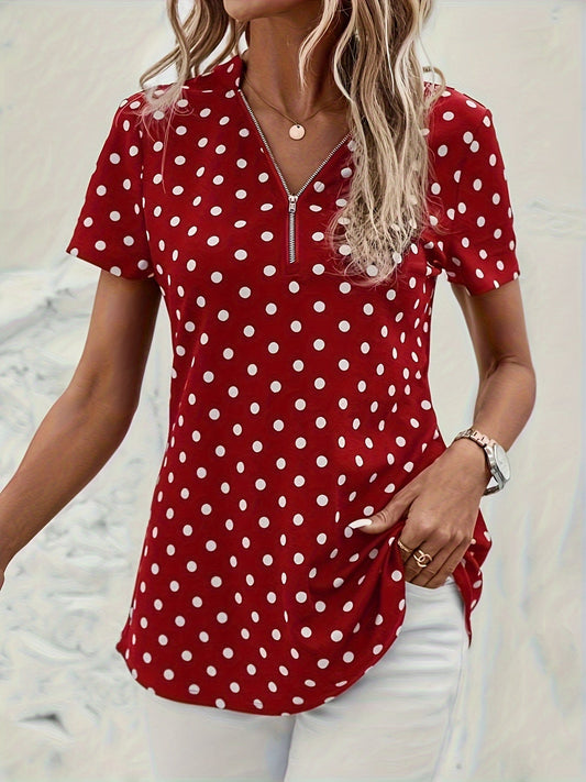 Polka Dot V-Hals Blouse - Rits Voorzijde & Korte Mouwen