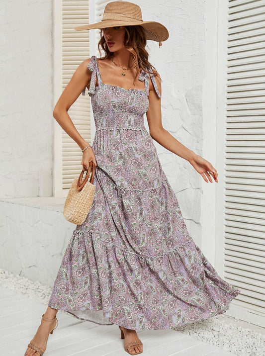Rivka - Casual zomer maxi jurk met strik en vierkante halslijn