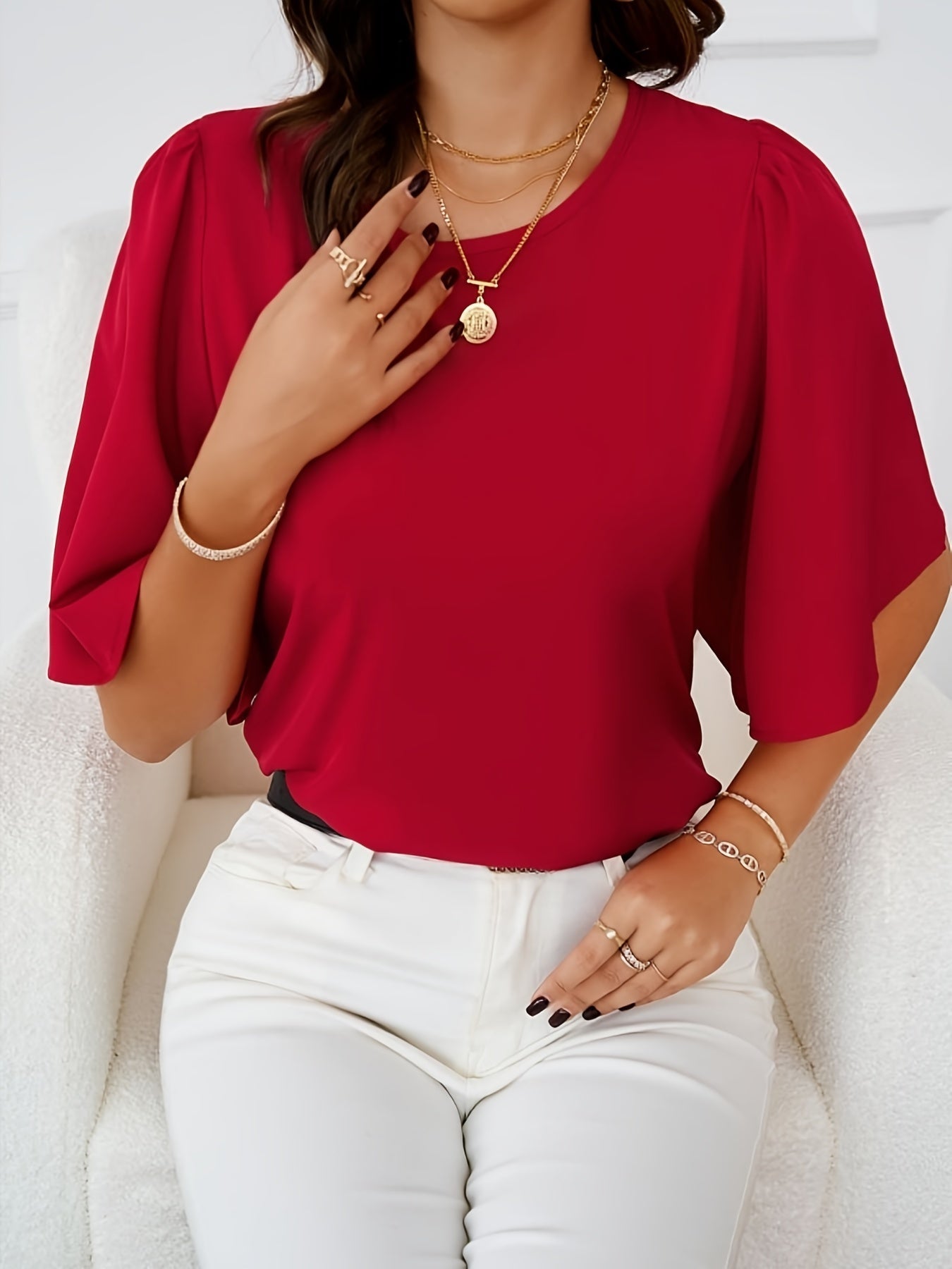Ronde Hals Blouse - Half Mouwen & Zachte Drape Stof