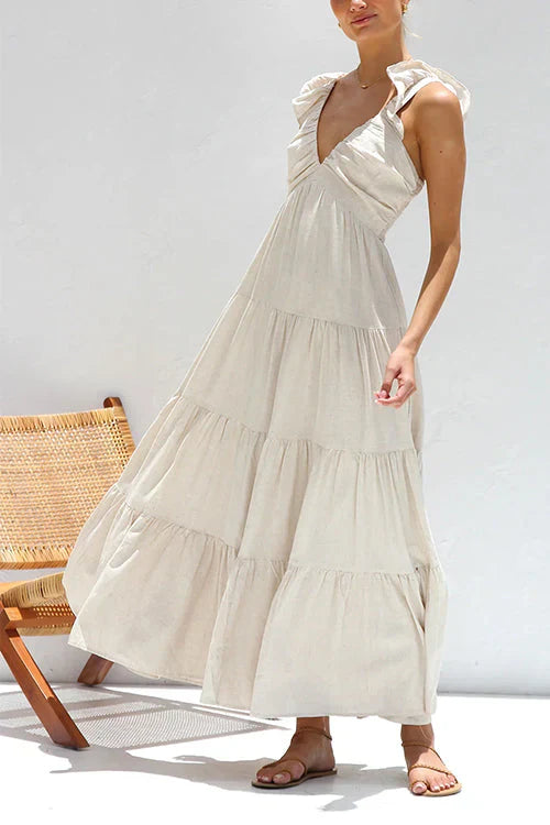 Rosalyn - Mouwloze maxi jurk met V-hals en ruches