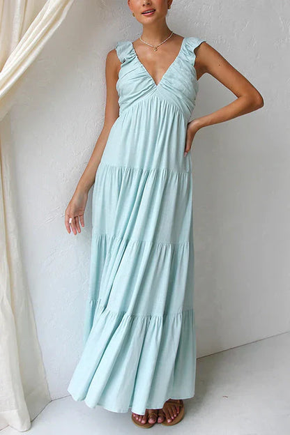 Rosalyn - Mouwloze maxi jurk met V-hals en ruches