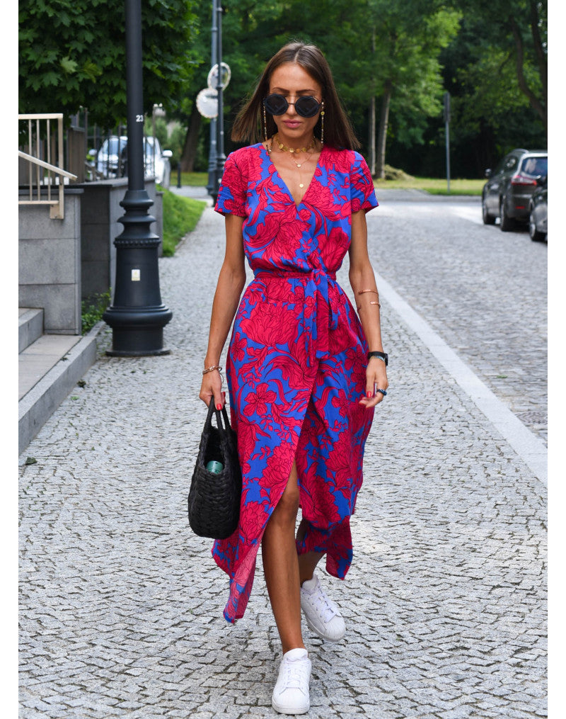 Bloemenjurk met hoge split en verstelbare taille
