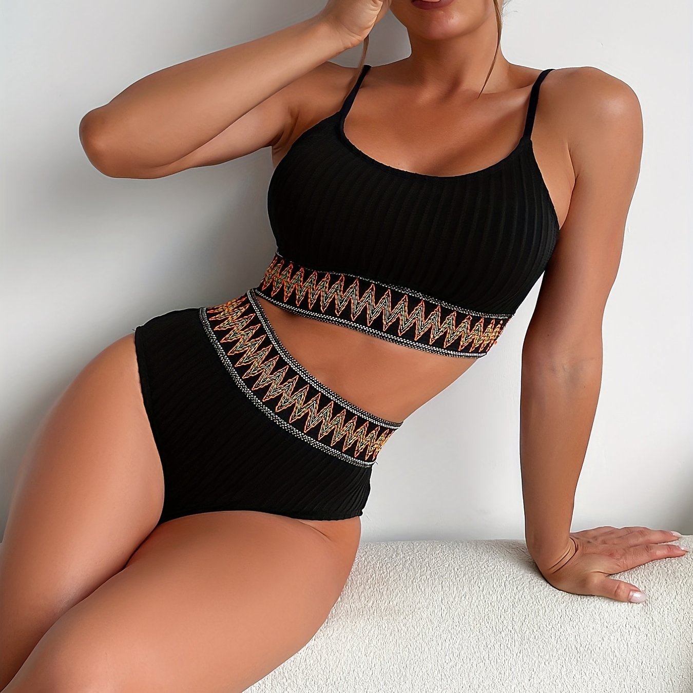 Seraphina® | Geribbeld bikinitopje en slipje met hoge taille