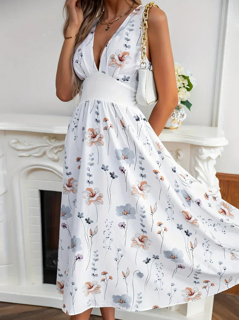 Elegante jurk met bloemenprint en V-hals