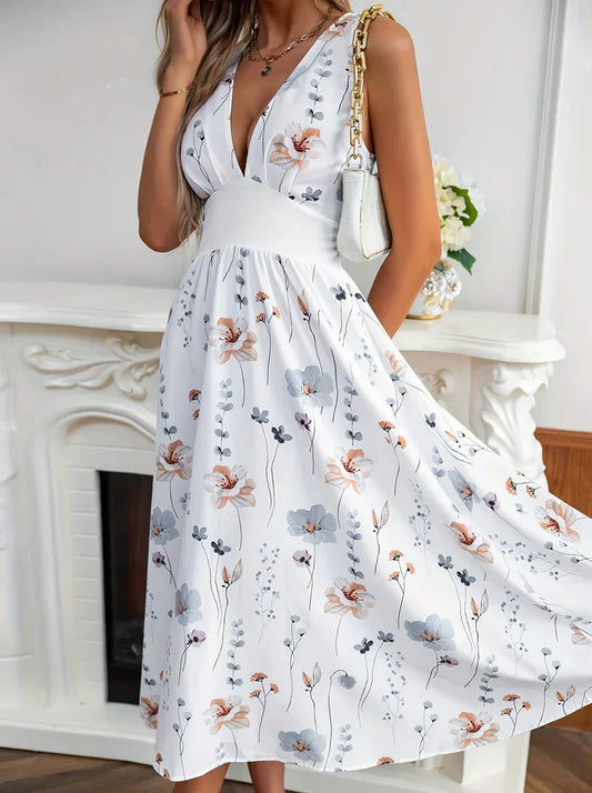 Elegante jurk met bloemenprint en V-hals