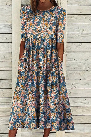Scandia - Zomerse Midi-Jurk met Korte Mouwen en Bloemenprint