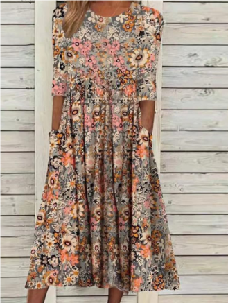 Scandia - Zomerse Midi-Jurk met Korte Mouwen en Bloemenprint