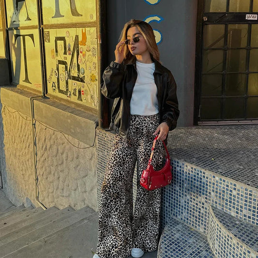 Wijde vintage broek met luipaardprint voor dames