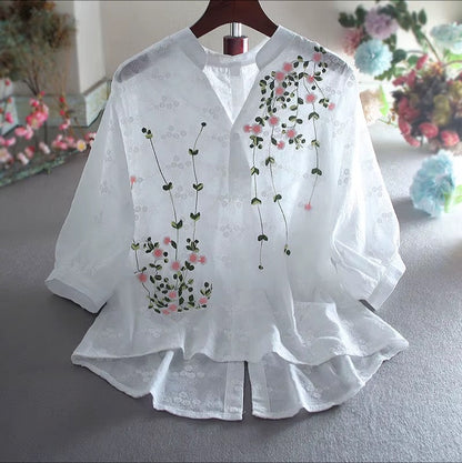 Bloemmotief Blouse - Knop Voorontwerp & Staande Kraag