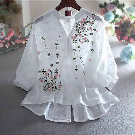 Bloemmotief Blouse - Knop Voorontwerp & Staande Kraag