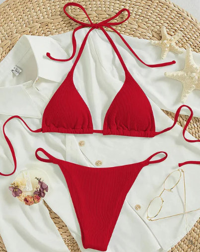 Antonella® | Blauwe bikini met hoge band en V-hals