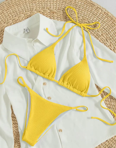 Antonella® | Blauwe bikini met hoge band en V-hals