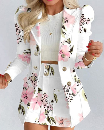 Abigail | Damesblazer met dubbele knoopsluiting, bloemenprint en pofmouwen