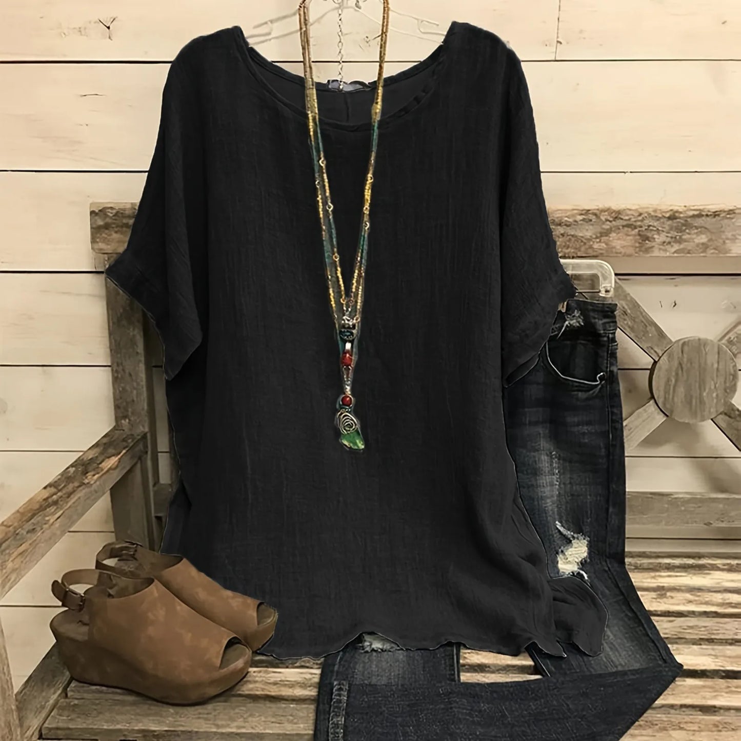 Anna - Effen blouse met korte mouwen en ronde hals